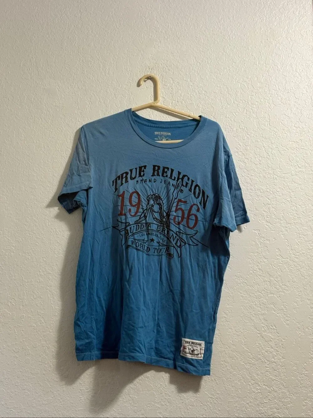 True Religion T-shirt Mens Size S Baby Blue Buddha Logo Short Sleeve